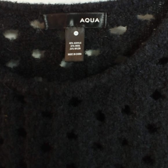 Aqua Black Sweater with Holes Asymmetrical Bottom Bloomingdale's wool blend S-M - Picture 6 of 12